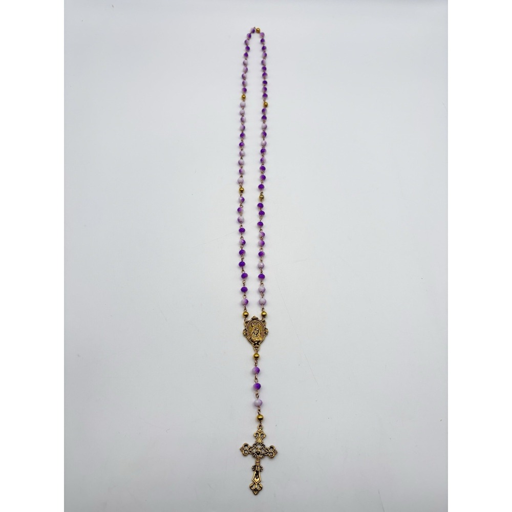 Purple & White Glass Bead Rosary Gold Tone Virgin Mary‎ Center & Ornate Crucifix